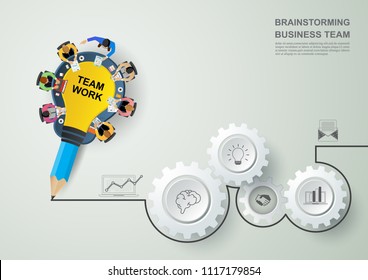 Business meeting and brainstorming. Idea and business concept for teamwork. Vector illustration infographic template with people, team, light bulb and icon.