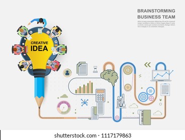 Business meeting and brainstorming. Idea and business concept for teamwork. Vector illustration infographic template with people, team, light bulb and icon.