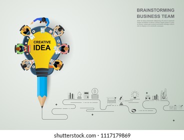 Business meeting and brainstorming. Idea and business concept for teamwork. Vector illustration infographic template with people, team, light bulb and icon.