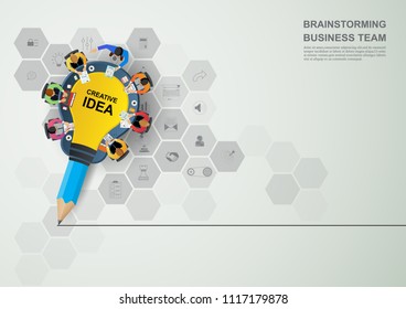 Business meeting and brainstorming. Idea and business concept for teamwork. Vector illustration infographic template with people, team, light bulb and icon.