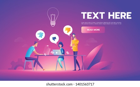Business meeting and brainstorming. Idea and business concept for teamwork. Vector illustration template with people, team, light bulb and icon