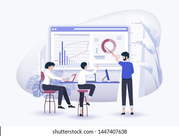 Business Meeting And Brainstorming. Idea And Business Concept For Teamwork. Training Of Office Staff. Increase Sales And Skills. Vector Illustration.