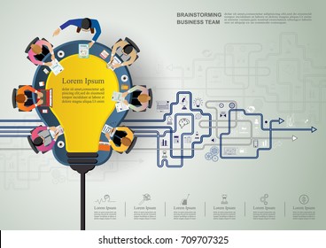 Business meeting and brainstorming. Idea and business concept  for teamwork. 
 Vector illustration infographic template with people, team, light bulb and icon.