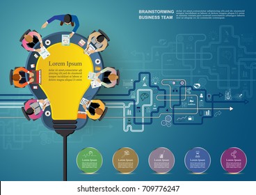 Business meeting and brainstorming. Idea and business concept  for teamwork. 
 Vector illustration infographic template with people, team, light bulb and icon.