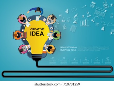 Business Meeting And Brainstorming. Idea And Business Concept  For Teamwork. 
 Vector Illustration Infographic Template With People, Team, Light Bulb And Icon.