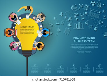 Business meeting and brainstorming. Idea and business concept  for teamwork. 
 Vector illustration infographic template with people, team, light bulb and icon.