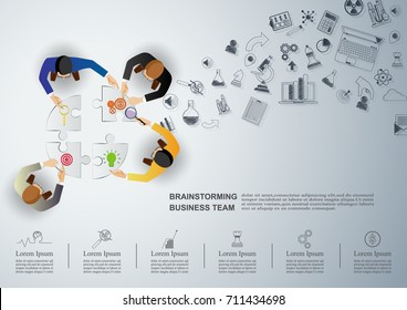 Business meeting and brainstorming. Idea and business concept for teamwork. Vector illustration infographic template with people, team and icon.