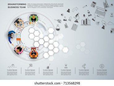 Business meeting and brainstorming. Idea and business concept for teamwork. Vector illustration infographic template with people, team and icon.