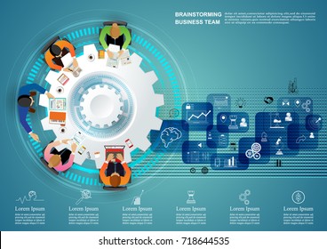 Business meeting and brainstorming. Idea and business concept for teamwork. Vector illustration infographic template with business team ,gear and people.