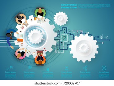Business meeting and brainstorming. Idea and business concept for teamwork. Vector illustration infographic template with business team ,gear and people.
