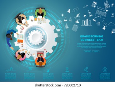 Business meeting and brainstorming. Idea and business concept for teamwork. Vector illustration infographic template with business team ,gear and people.