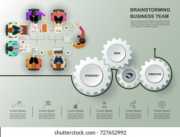 Business meeting and brainstorming. Idea and business concept for teamwork. Vector illustration info graphic template with people, team, light bulb.