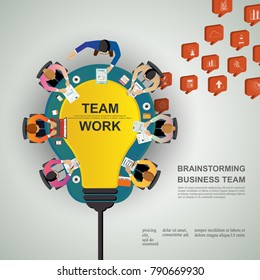 Business meeting and brainstorming. Idea and business concept for teamwork. Vector illustration infographic template with people, team, light bulb and icon.