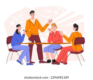 Business meeting and brainstorming, negotiation banner with people at the table, flat vector illustration isolated on white background. Business goals and discussion of working moments.