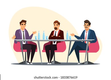 Business meeting brainstorming. Team of people working at office vector illustration. Corporate communication. Men sitting, negotiating, discussing, gesturing at workshop.