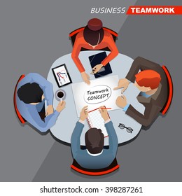 Business meeting and brainstorming. Top view. Flat design.