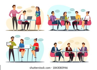 Business meeting brainstorming vector illustrations set. Team of people working at office. Corporate communication. Men and women sitting and standing, negotiating with speech bubbles.