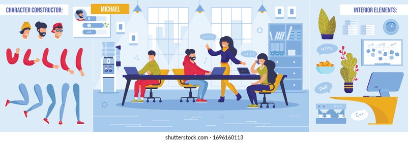 Business Meeting, Briefing And Teamwork. Coworker Character Constructor With Body Parts Bundle And Interior Design Element. Worker Sitting At Table Brainstorming Working Together On Creative Project