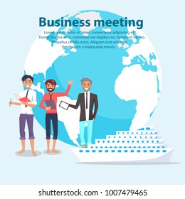 Business meeting, businessman and papers and pen, men and globe on background, text sample and headline vector illustration isolated on white