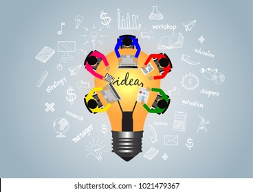 Business meeting. Businessmen help to brainstorm modern ideas. And to achieve higher And success in the organization. modern Idea and Concept Vector illustration  with lamp. Infographic template