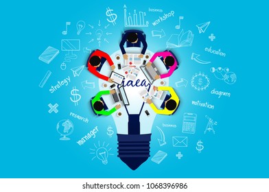 Business meeting. Businessmen help to brainstorm modern ideas. And to achieve higher And success in the organization. modern Idea and Concept Vector illustration  with lamp. Infographic template