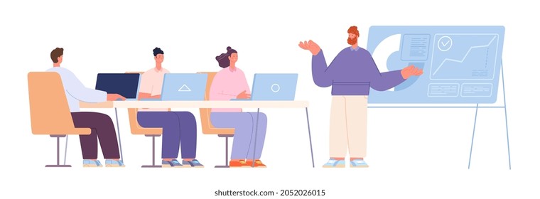 Business meeting characters. Flat office manager, team planning work process. Audience and speaker presentation, training utter vector scene