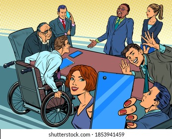 Business Meeting. Colleagues Of Different Races, Disabled People Work In The Office And Take Photos. Pop Art Retro Illustration Kitsch Vintage 50s 60s Style