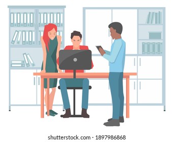 Business meeting colleagues or partners. Businessman chief sitting at a desk in office interior listening to manager's explanation. Male character talking to boss about project management planning