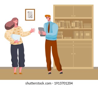 Business meeting colleagues or partners. Businesspeople communicating, managers discuss new project and marketing strategy. Man and smiling woman holding paper sheet talking in the office space