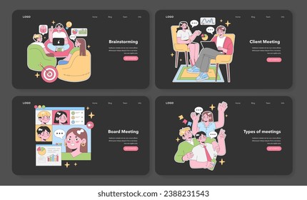 Business meeting collection. Teams collaborate in brainstorming, one-on-one client discussions, board evaluations, and diverse gathering scenarios. Teamwork and collaboration. Flat vector illustration