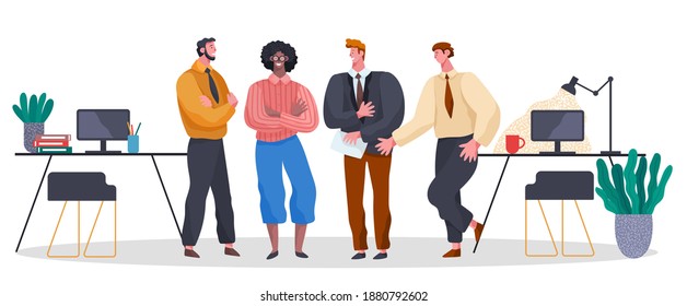 Business meeting, communicating colleagues, mix race men, standing businesspeople, partners discuss new project or startup with each other, businessman teamwork, executive office workers conversation
