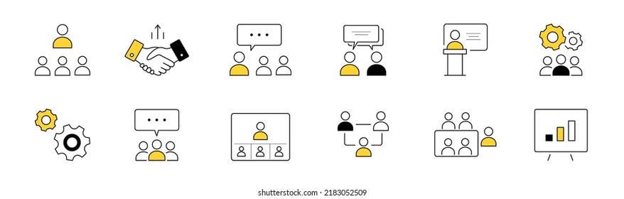 Conjunto de iconos de doodle de reuniones de negocios y comunicaciones. Ilustración artística de línea vectorial del apretón de manos de los socios, trabajo en equipo de la empresa, formación de personal, presentación de proyectos, lluvia de ideas, símbolos de discusión