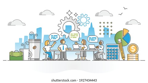 Business meeting in company office with partners appointment outline concept. Work collaboration about financial cooperation vector illustration. Discussion and talking for professional agreement.