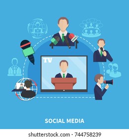 Business meeting composition of flat images with tv speaker journalists with microphones and isolated silhouette pictograms vector illustration