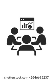 Geschäftstreffen mit einem Computer, der Grafiken auf weißem Hintergrund anzeigt. Besprechungssymbol, geschäftliche Vektorgrafik, Stockgrafik