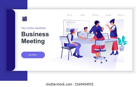 Business meeting concept 3d isometric web banner with people scene. Colleagues discussing at conference, researching report presentation. Vector illustration for landing page and web template design