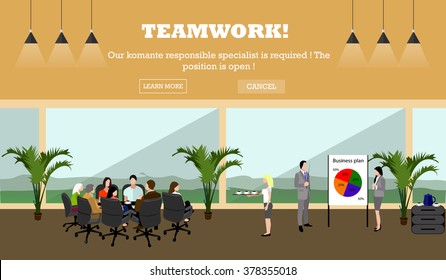 Business meeting concept banner. Office workers talking and making presentation. Office interior. Vector illustration in flat style design.