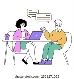 Conceito de reunião de negócios. Colegas discutem projeto em uma mesa com laptop. Conversa profissional e trabalho em equipe. Ilustração vetorial.