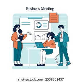 Business Meeting concept. Colleagues engage in a corporate strategy session with graphs and charts. Effective teamwork and communication in the office. Vector illustration.