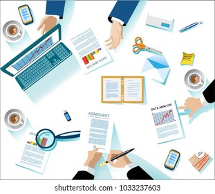 Business meeting. The concept of contractual relations. People at work. Stationery and computer with documents. Vector illustration

