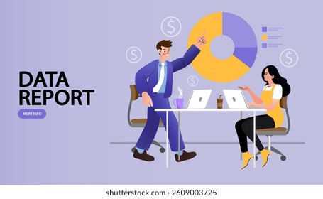 Business meeting concept. Couple having a discussion at a table with graphs in the background. Vector illustration and flat design.
