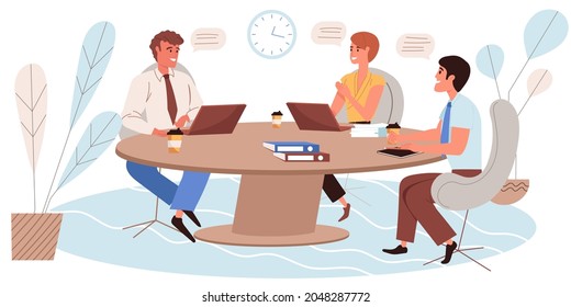 Business meeting concept in flat design. Employees talk and discuss tasks, sitting at table, brainstorming and successful teamwork. Colleagues communicate in office people scene. Vector illustration