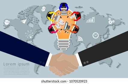 Business meeting concept of handshake. teamwork banner working ligh tbulb map icon. Businessmen help to brainstorm modern idea. and to achieve higher And success. Vector illustration
