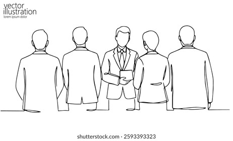 Business meeting concept illustration. Leader holds tablet colleagues surround him. Corporate teamwork training conference. Single line minimalist drawing vector illustration