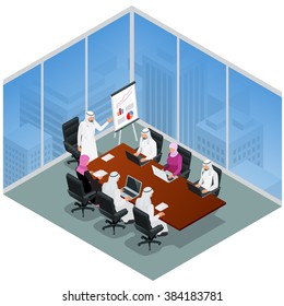 Business meeting concept, International Business, Arabic businessman presenting his ideas to colleagues for success investments at bright modern office room. 3d flat isometric vector illustration