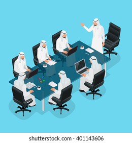 Business meeting concept, International Business, Arabic businessman presenting his ideas to colleagues for success investments at bright modern office room. 3d flat isometric vector illustration