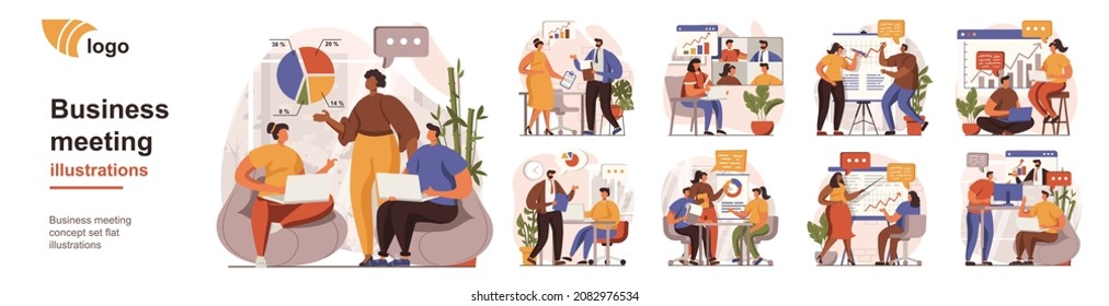 Business meeting concept isolated person situations. Collection of scenes with people employees discuss, make reports, brainstorm, management, teamwork. Mega set. Vector illustration in flat design