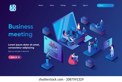 Business meeting concept isometric landing page. Team discuss work tasks at conference, consulting ana teamwork management, 3d web banner template. Vector illustration with people scene in flat design