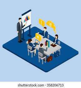 Business meeting concept with isometric people in office vector illustration