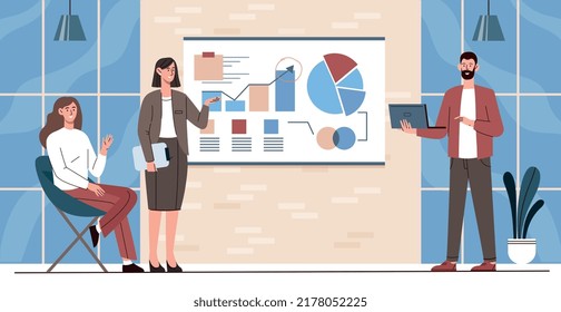 Business meeting concept. Man and women evaluate graphs and charts. Analytical department conducts marketing research. Working with statistics and brainstorming. Cartoon flat vector illustration